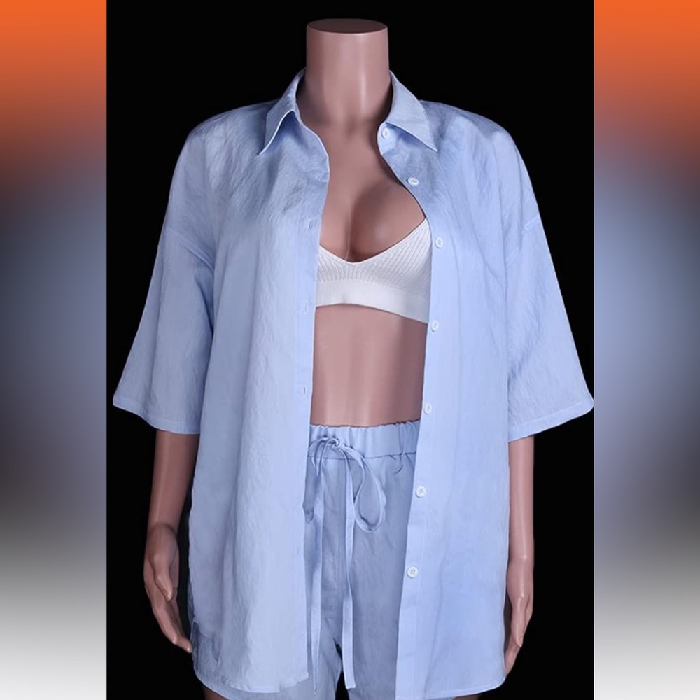 Blue linen button up top